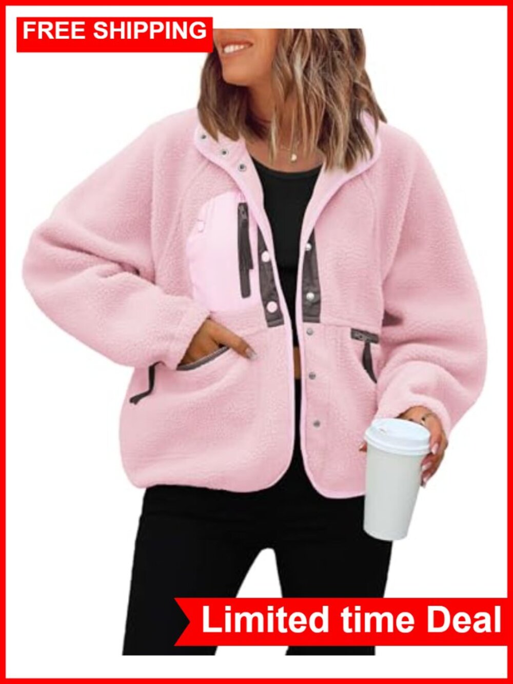 Fuzzy Fleece Cropped Button Down Jacket Oversized Sherpa Coat